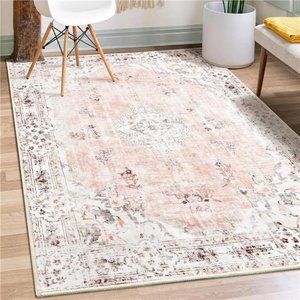 Boho Area Rug 3'x5' Machine Washable, Pink Small Non Slip Area Rugs for Entryway